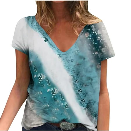 

kakina CMSX Petite Womens Tops Fashion Summer V-Neck Short Sleeve Print Casual T-shirt Blouse Tunic Tops Flare Blouse Light Blue S