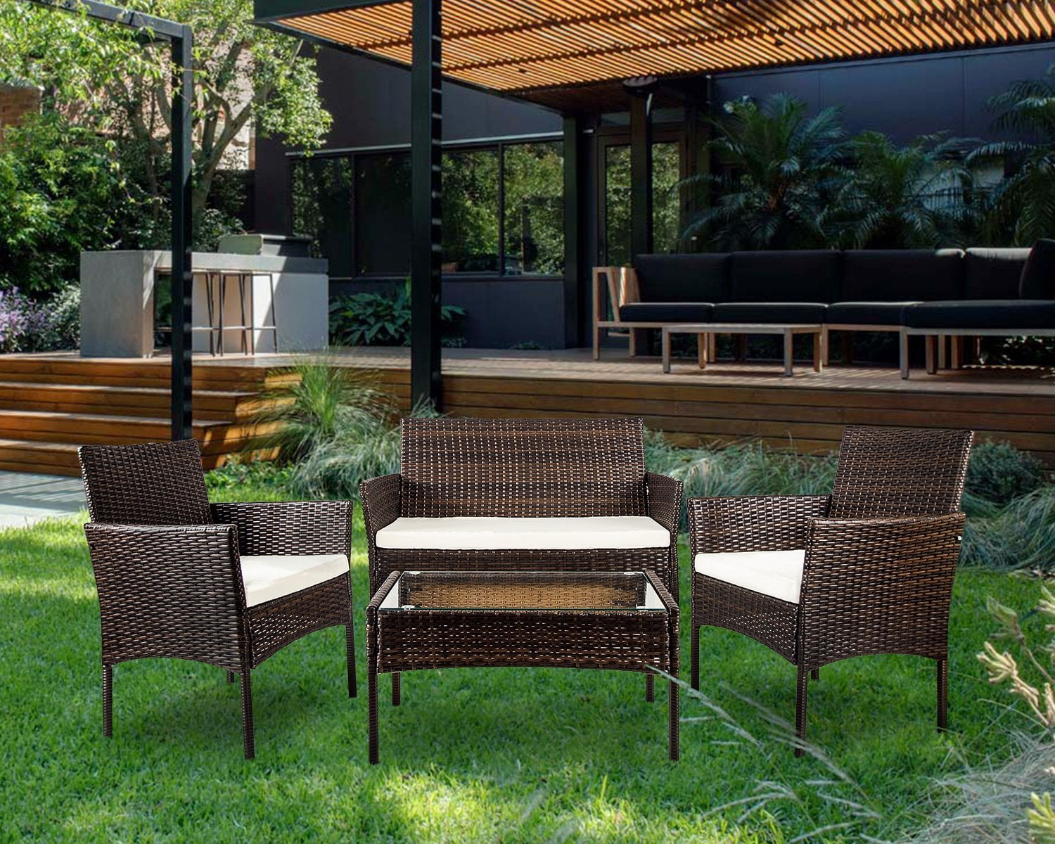 Merax 4 PC Summer Outdoor Garden Leisure Rattan Patio Furniture Set Cushioned Seat Wicker Sofa 