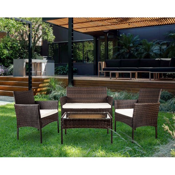 Merax 4 Pc Summer Outdoor Garden Leisure Rattan Patio Furniture Set Cushioned Seat Wicker Sofa Brown Walmart Com Walmart Com