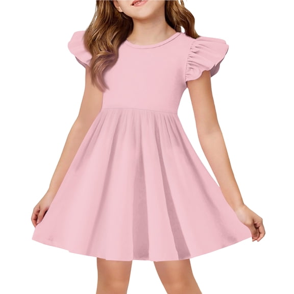 Abcomgle Girls Summer Dress Size 7-8 Casual A-Line Flutter Sleeve Tshirt Dresses Solid Pleated Crew Neck Swing Sundresses for 4-14t Kids,Pink