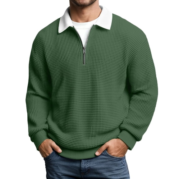 XIAOCHA Men's Waffle Knit Quarter Zip Sweater Oversized Long Sleeve Polo Neck Pullover Jumper Warm Preppy Daily Sweaters