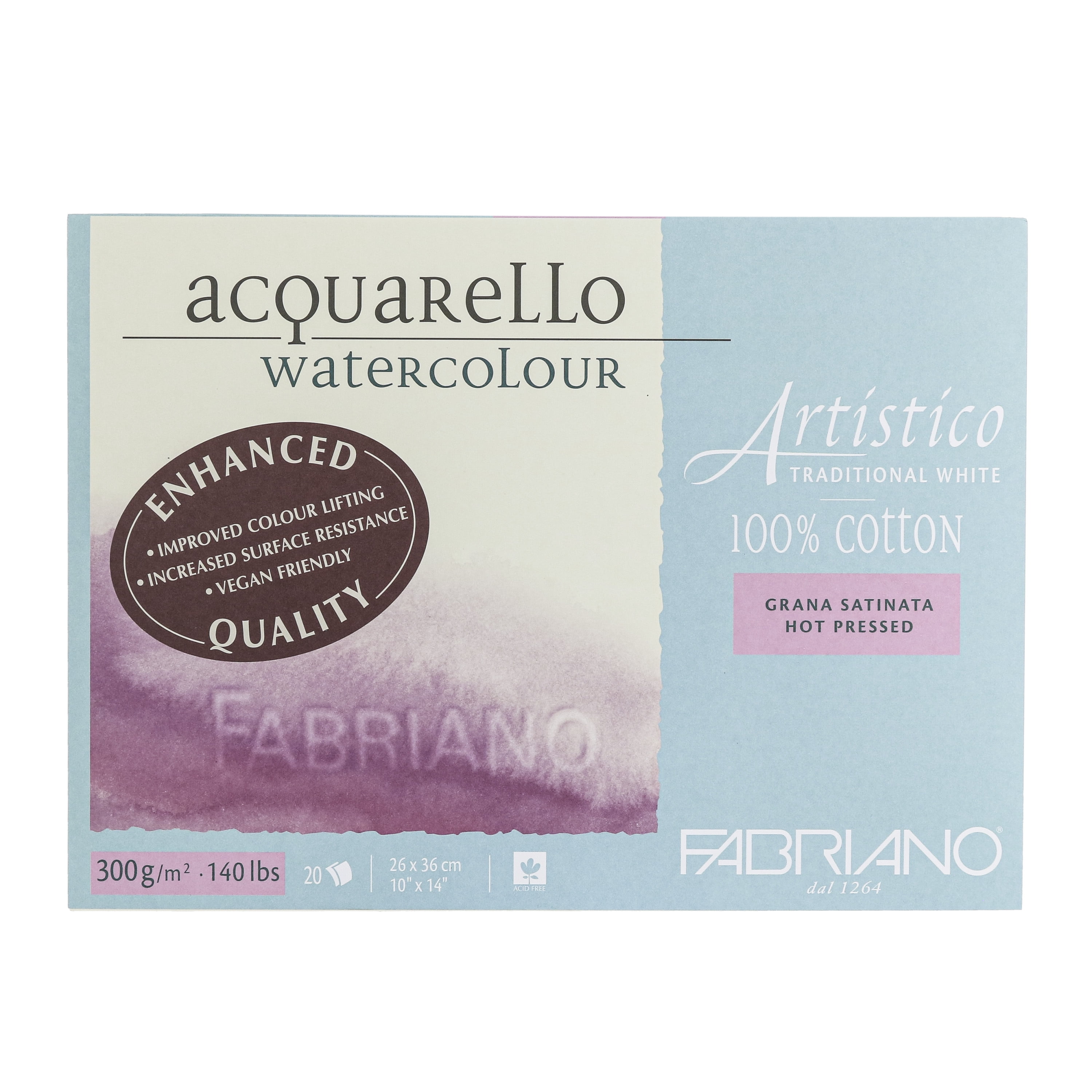 Fabriano Artistico Traditional White Watercolor Block, 140 lb./300 gsm, Hot Press, 20 Sheets, 10" x 14"