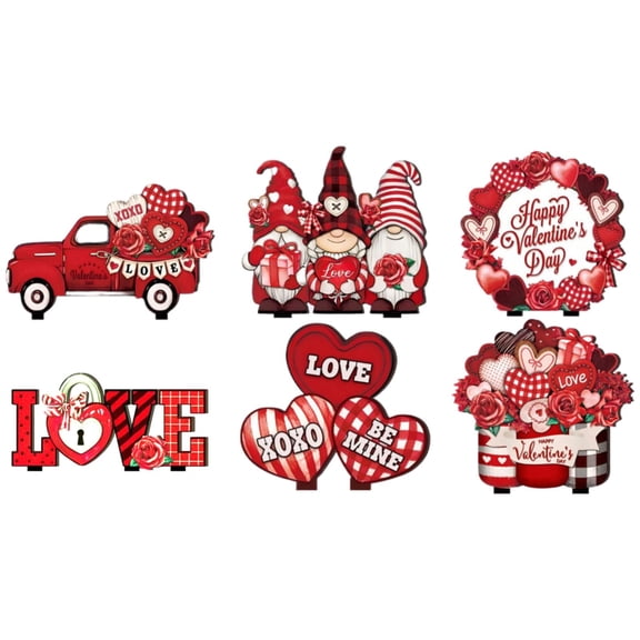 6 Pcs Vintage Rustic Valentine‘s Day Wooden Table Decorations Classic Red Valentine‘s Day Wood Tabletop Sign Centerpiece Romantic Decor for Farmhouse Home Kitchen Tiered Tray