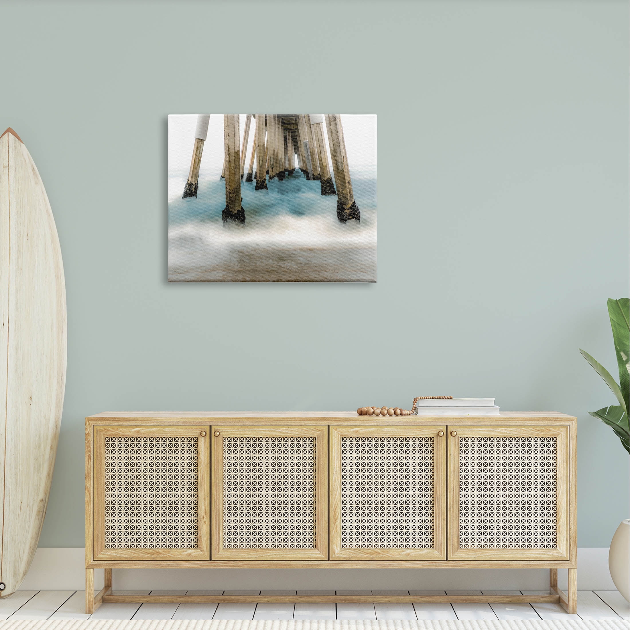 Waterfront Pier Splashing Sea Waves Coastal Graphic Art Gallery Wrapped Canvas Print Wall Art