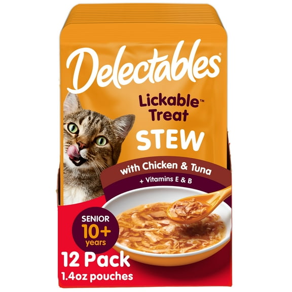 Hartz Delectables Stew Senior 10  Chicken & Tuna Lickable Wet Cat Treat, 1.4oz Pouch (12 Pack)