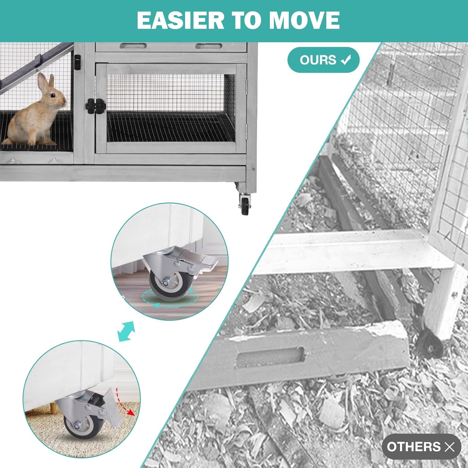 MEDEHOO 2-Story Rabbit Hutch Indoor Bunny Cage Outdoor Guinea Pig House with Wire Mesh Floor, Leak-Proof Trays, Lockable Wheels for Rabbits, Guinea Pigs, 40.6" L x 26" W x 37.6" H