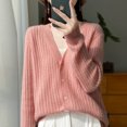 thumbnail image 1 of Suéter 100% de lana pura para otoño e invierno, nuevo cárdigan de moda para mujer con agujeros, chaqueta de suéter de punto informal con cuello en V, 1 of 5