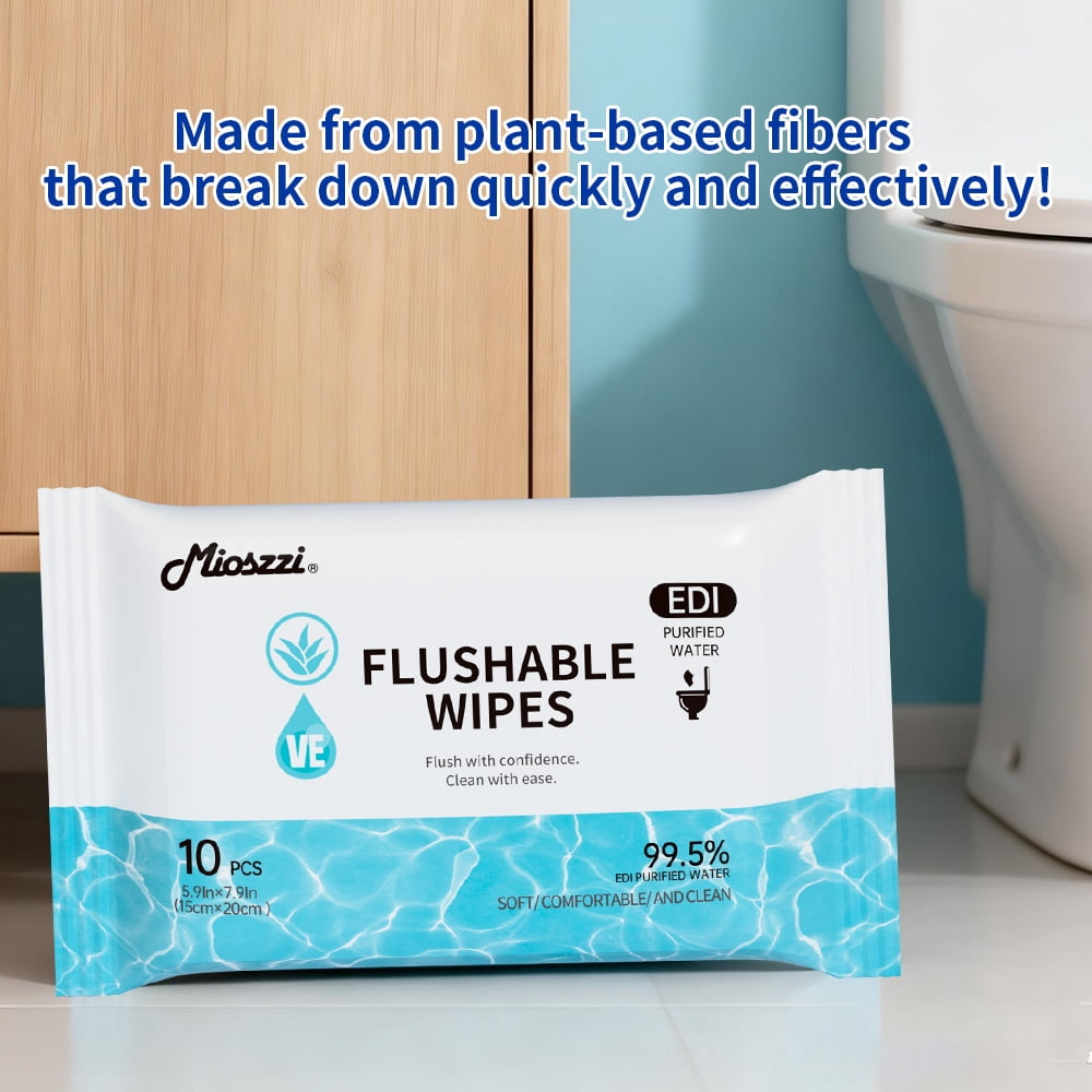 Mioszzi Flushable Wet Wipes, Portable, Septic Safe, 10 Count
