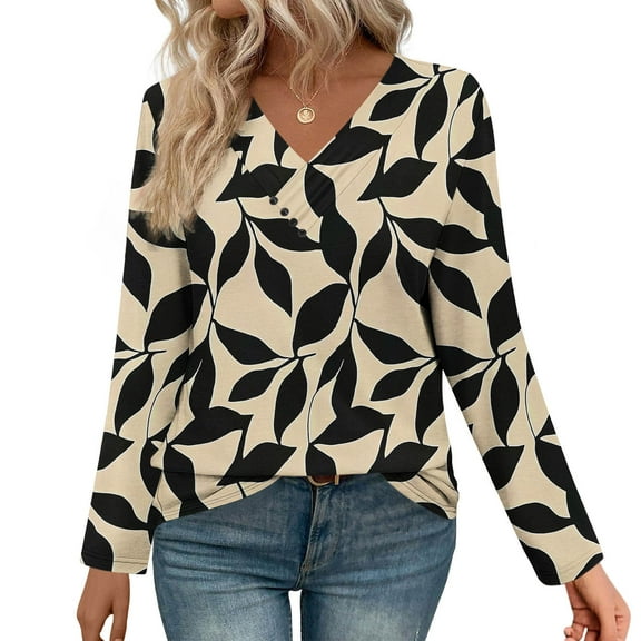 Craaazy Women's Fashion Printed Fall Tunics Long Sleeve Tops Cross V Neck Shirts Loose Casual Gifts Blouses with Decor Button