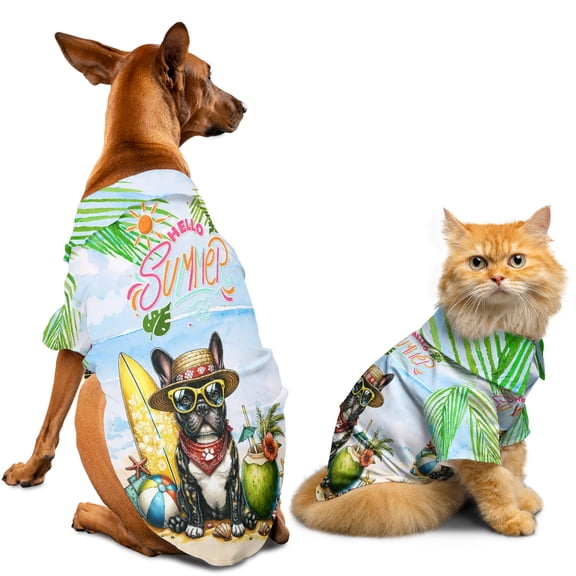 French Bulldog Hello Summer with Sunglasses and Surfboard Tropical Vibes Hawaiian Summer Shirt for Small Medium Large Dog Cat Dog Lover Gifts - 00007