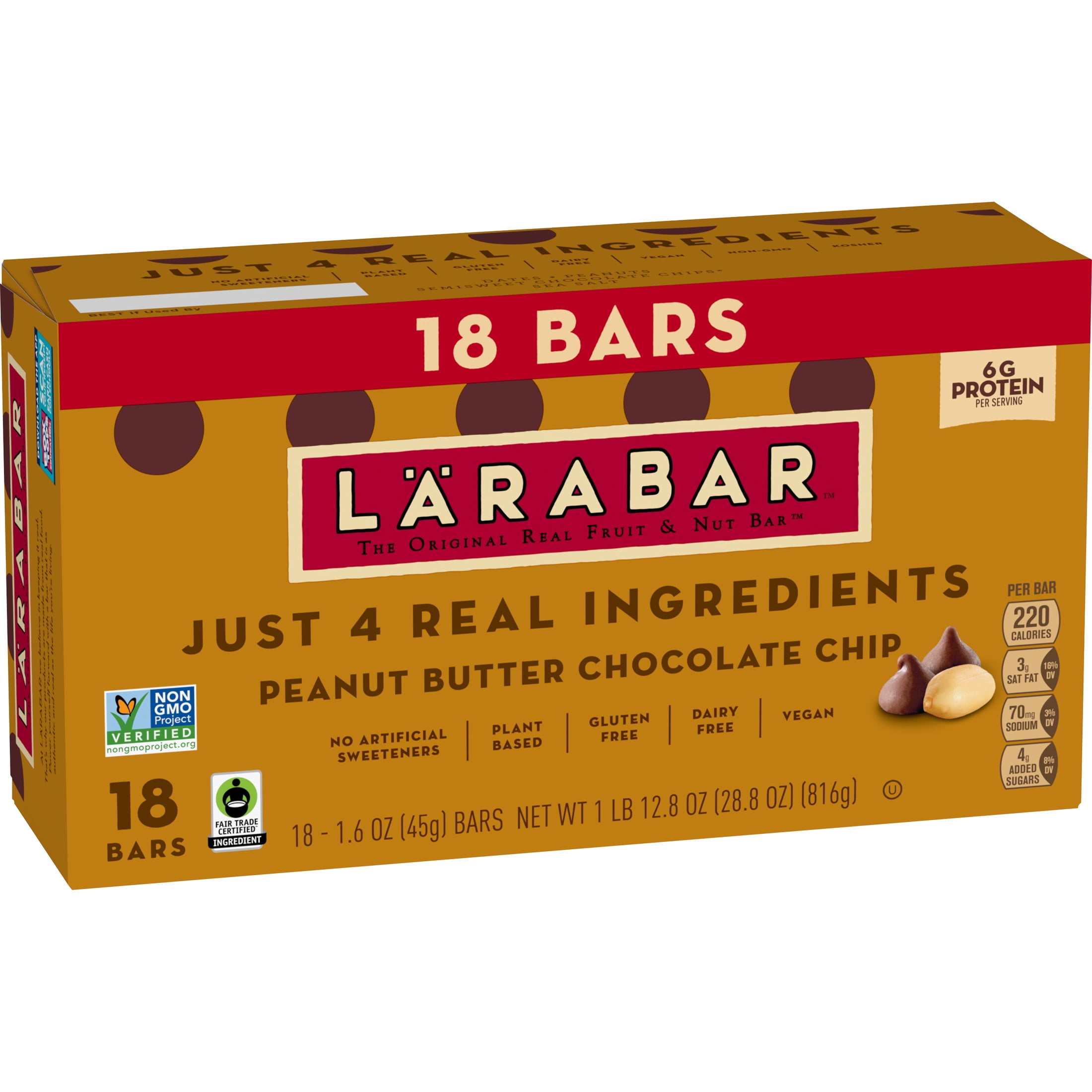 (4 pack) Larabar Peanut Butter Chocolate Chip, Fruit and Nut Bars, Gluten Free, Vegan, 18 Count, 28.8 oz