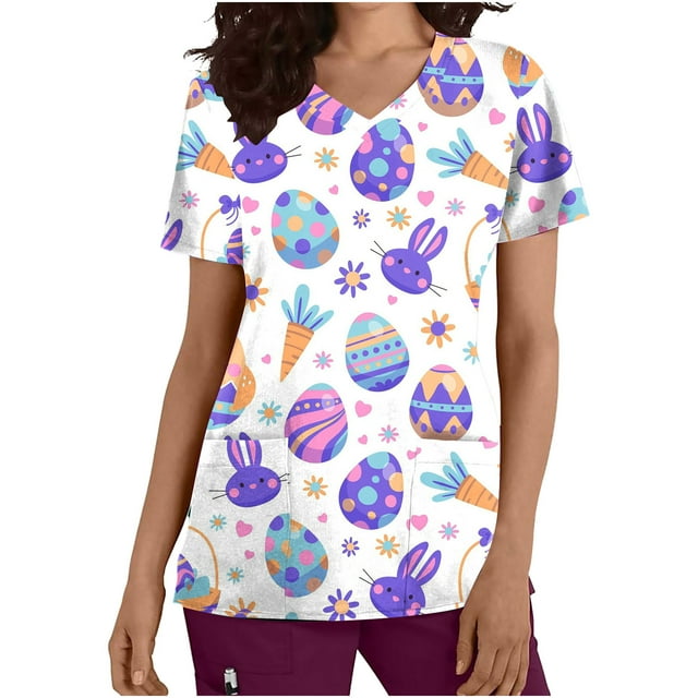 LSLJS Hauts à Manches Courtes Col en V pour Femmes Uniforme Easter Imprimé Poches Blouse Infirmière, Easter Blouses Médicales Femmes Grande Taille