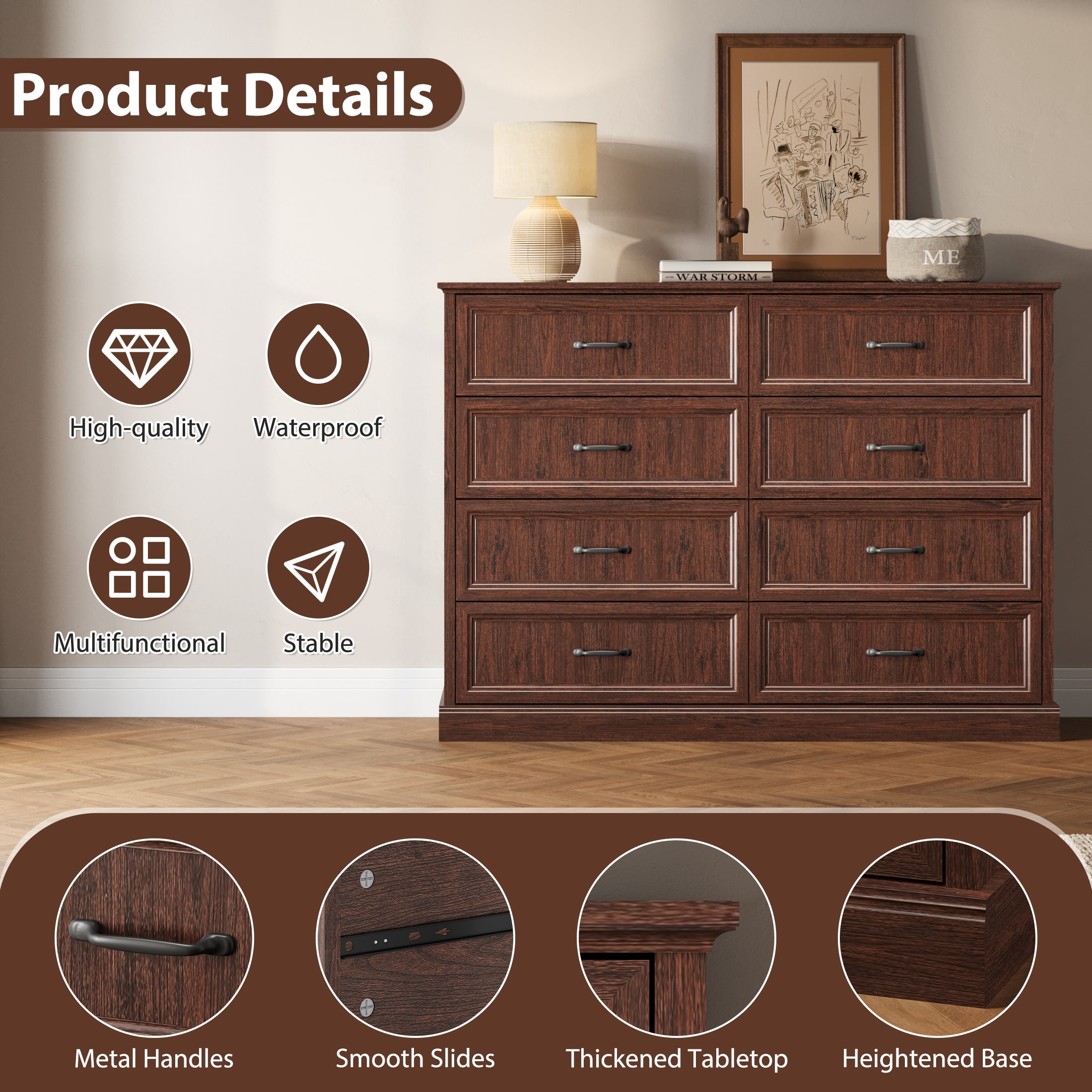YouTrend Rustic 8-Drawer Wood Dresser, Large Storage Chest Organizer with Metal Handles for Bedroom, Living Room, Farmhouse Style Furniture,Brown