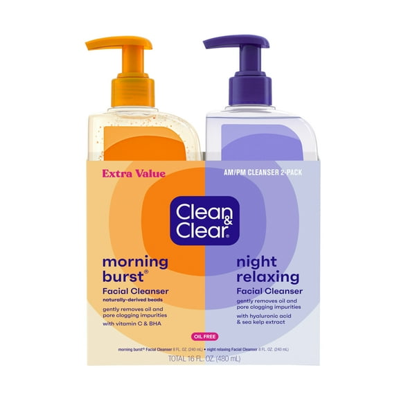 Clean & Clear Day and Night Acne Face Wash, Oil-Free, 8 fl oz (2 Pack)