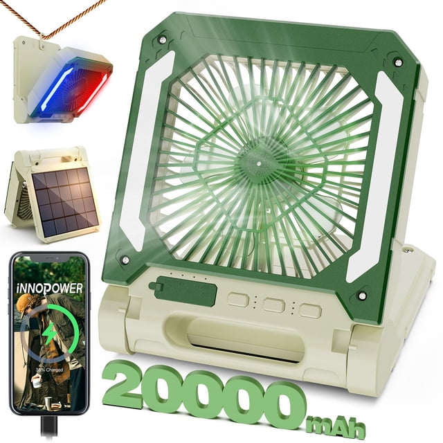 Ventilador con energía solar de 20000 mAh, ventilador recargable, ventilador con batería, ventilador portátil con 3 fuertes vientos y banco de energía, ventilador para persona para acampar al aire lib
