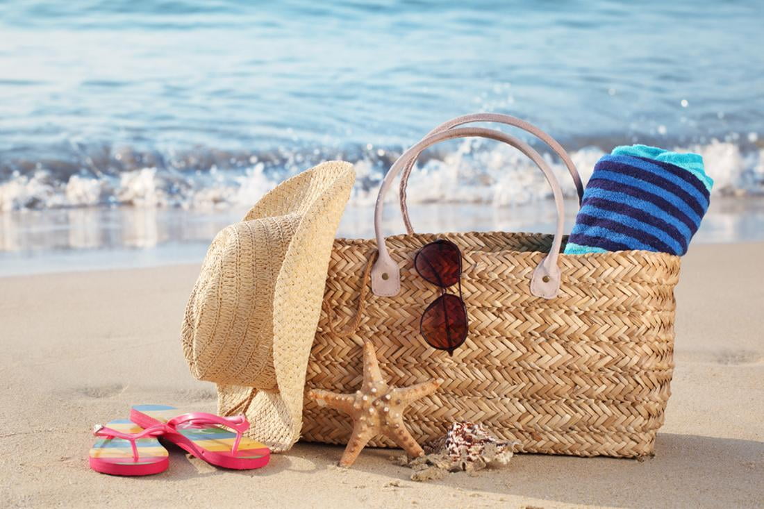 Summer Beach Bag with Straw Hat,Towel,Sunglasses and Flip Flops on ...