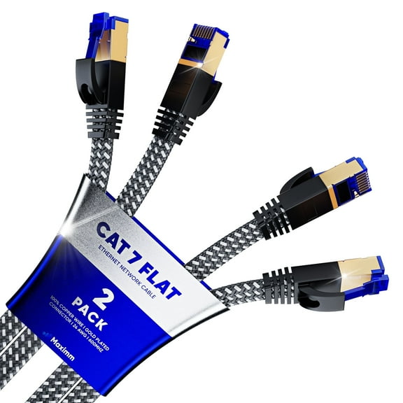 Ethernet Cable Cat 7, 25 ft, 2 Pack,Easy-Hide Flat Super-Durable Black Braided Network LAN Internet Cable/Cord, Ethernet Patch Cable