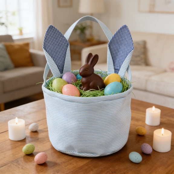 karymi Easter Egg Storage Baskets With Bunnys Ears Festive Kids Decoration Handheld Buckets Bags B Ubble Yarn Solid Color Bag Bunny Ear Bag Family Gifts Family Gifts