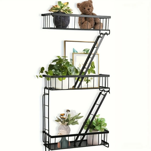 3-Tier Staircase Shaped Storage Shelves - Fire Resistant Metal Wall Shelves with Screws for Bedroom Home Decor, Multiple Size Black Floating Shelves