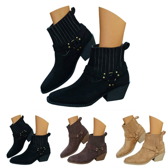 Dakaela Women's Cowboy Cowgirl Boots Embroidered Western Ankle Booties Square Toe Buckles Motorcycle Riding Boots Black 6