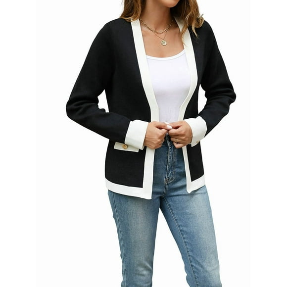 Women's Open Front Cardigan Sweaters with Trim, Long Sleeve Knit Cardigan Casual for Fall and Winter Black M