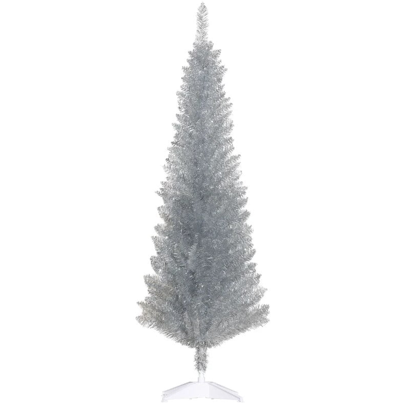 5ft Unlit Silver Pencil Christmas Tree 294 Tips Easy Assembly Plastic Base Small Space Holiday Decor