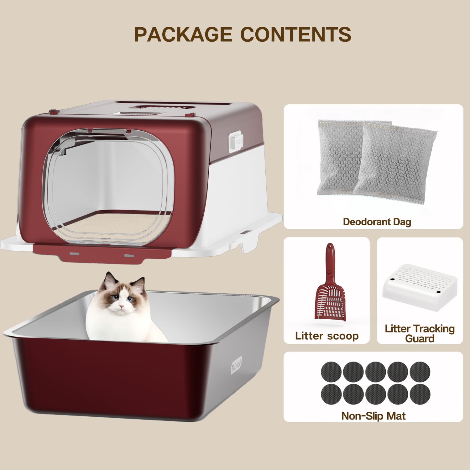 XX-Large Stainless Steel Cat Litter Box with Lid – Fully Enclosed Large Litter Box for Big Cats, Odor Control with Magnetic Door, Easy Clean, Multi-Cat Durable Metal Pan (Burgundy)