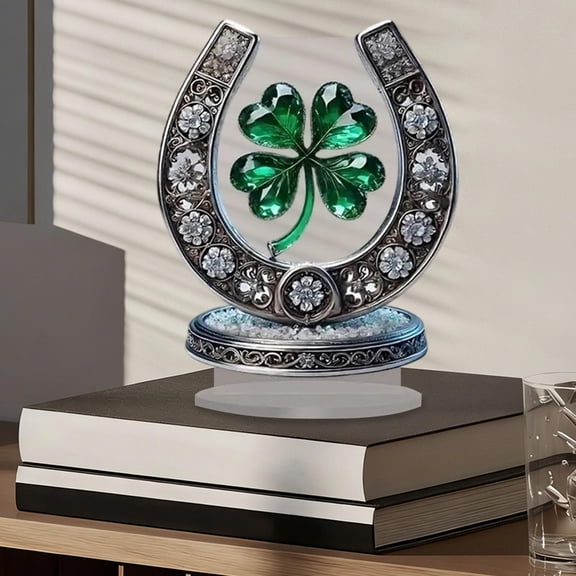 Acrylic Standing Ornament with Lucky Horseshoe and Four Leaf Clover Emblem 2D Flat Printing Sparkling Crystal Inlays Delicate Floral Patterns for Good Luck Desktop Home Tabletop Decoration