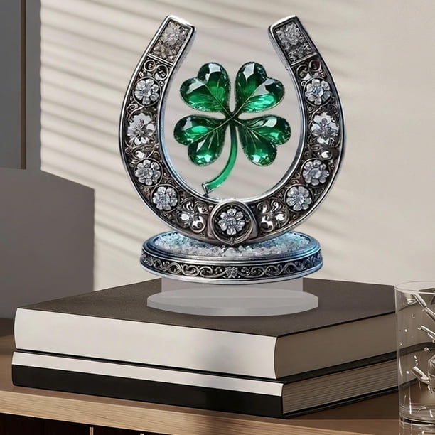 Adorno de herradura de la suerte de cristal acrílico y emblema de cuatro hojas con impresión plana 2D con cristales brillantes y delicados patrones florales. Decoración de escritorio para el hogar.