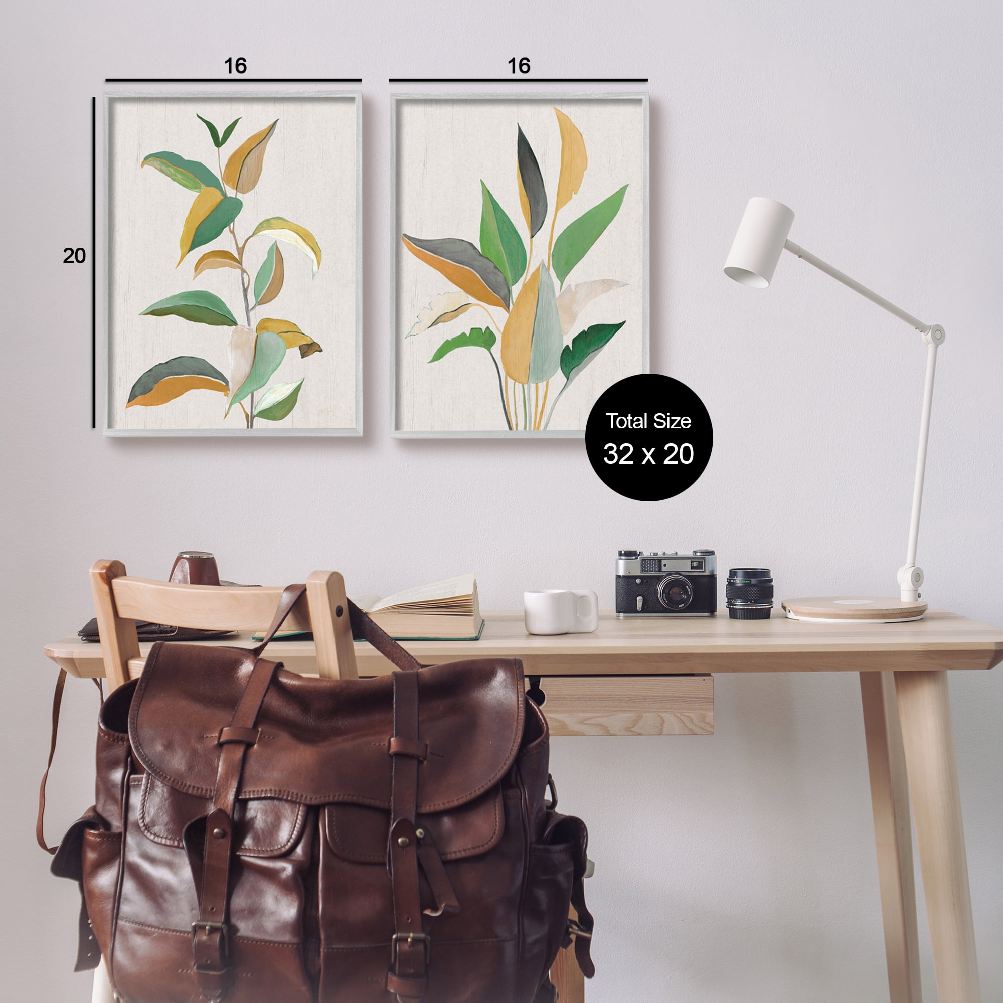 Stupell Industries Modern Split Plant Leaves Botanical & Floral Painting Gray Framed Art Print Wall Art, 16 x 20, Set of 2