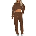 thumbnail image 1 of IROINNID Survêtement pour Femmes Ensemble 2 Pcs Économies Col Rond Couleur Unie Chandail Court Nombril Chandail à Manches Longues Décontracté Pantalon à Cordon Costume Ensemble Athlétique, Café, 1 of 9