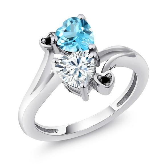 Gem Stone King 925 Sterling Silver Swiss Blue Topaz White Moissanite and Black Diamond Ring for Women (1.78 Cttw, Heart Shape 6MM, Gemstone November Birthstone, Size 6)