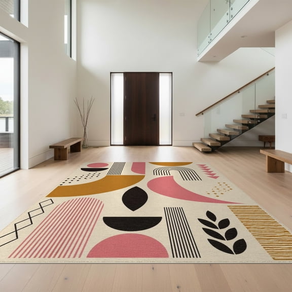 Design&I 8'x10' Washable Area Rug Sleek Flatweave Pet Friendly Pink and Mustard Geometric Art Bold Abstract Shapes with Modern Lines for King Size Bedroom, Under Bed