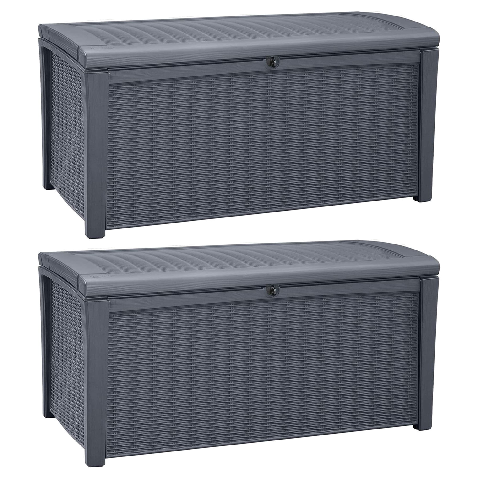 Keter Borneo Rattan Wicker Resin Patio Deck Storage Box Bench, Grey (2