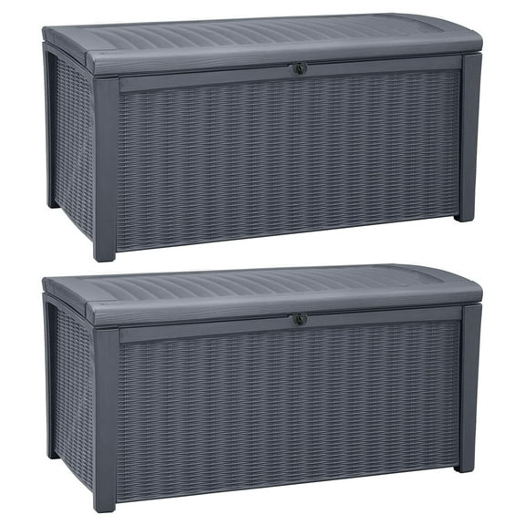 Keter Borneo Outdoor Resin Rattan Wicker Deck Boxes, Grey, 2 Count, 2-Pack