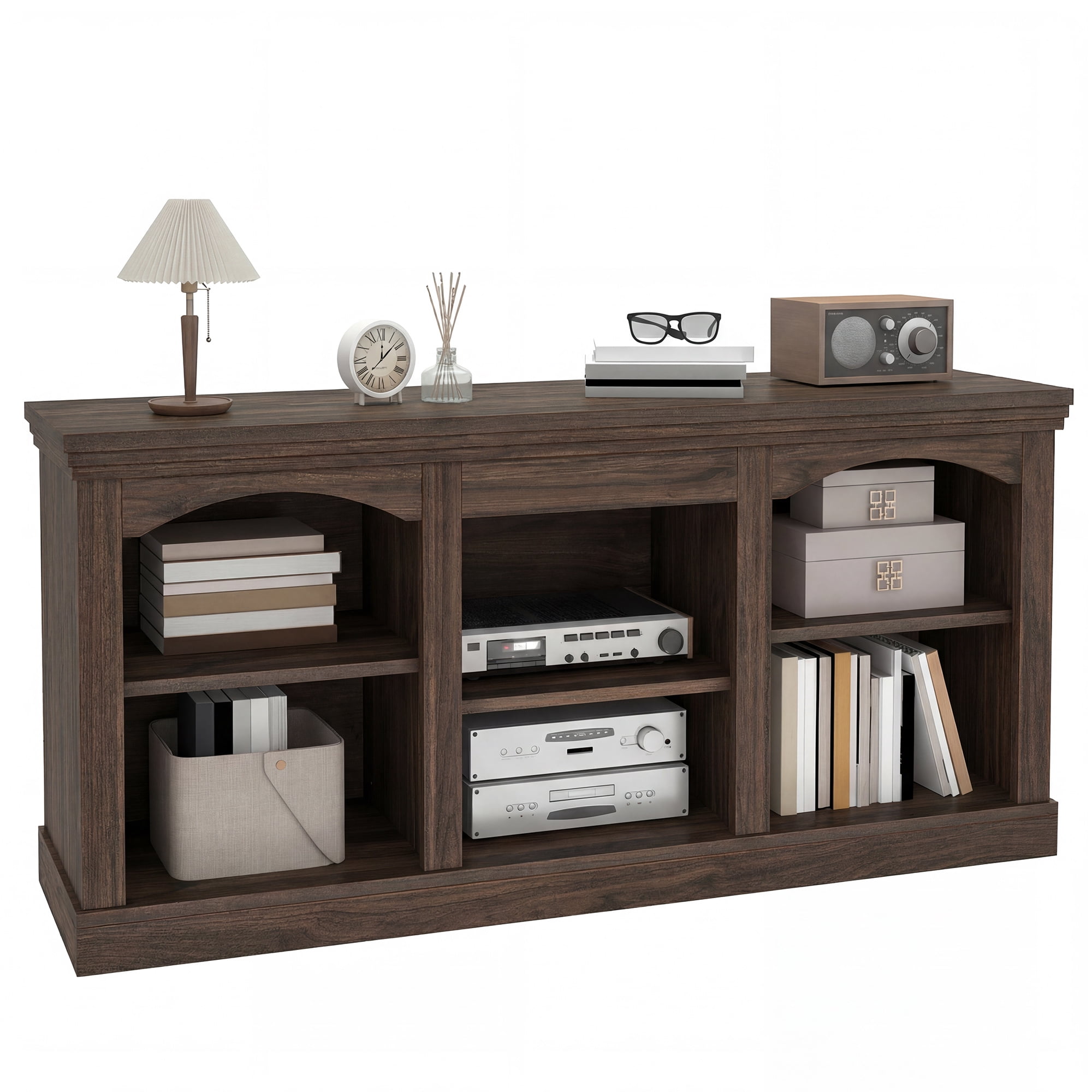 Uforic 59" Washed Grey Farmhouse TV Stand, Adjustable Shelf Entertainment Center for 65 Inch TVs for Living Room, Black