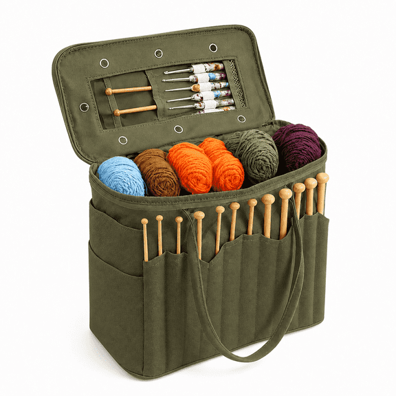 Green Canvas Yarn Bag,Canvas Crochet Organizer with Multiple Pockets and Yarn Holes for Crochet Lovers