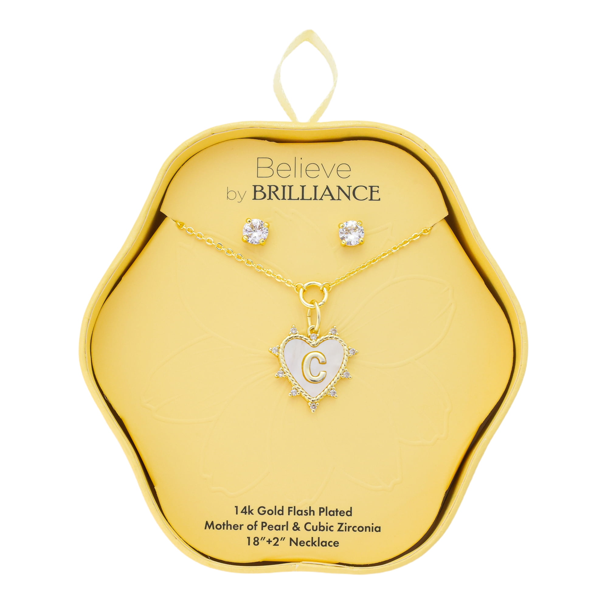 Believe by Brilliance Women's 14Kt Gold Flash Plated Cubic Zirconia Double Layer Tag "C" Necklace and Earring Set