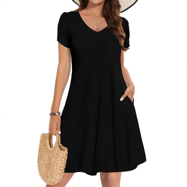Admvng Robe pour Femmes Été 2025 à Manches, Design en Gousse, Robe de Couleur Unie à Col en V avec Poche P-2TG