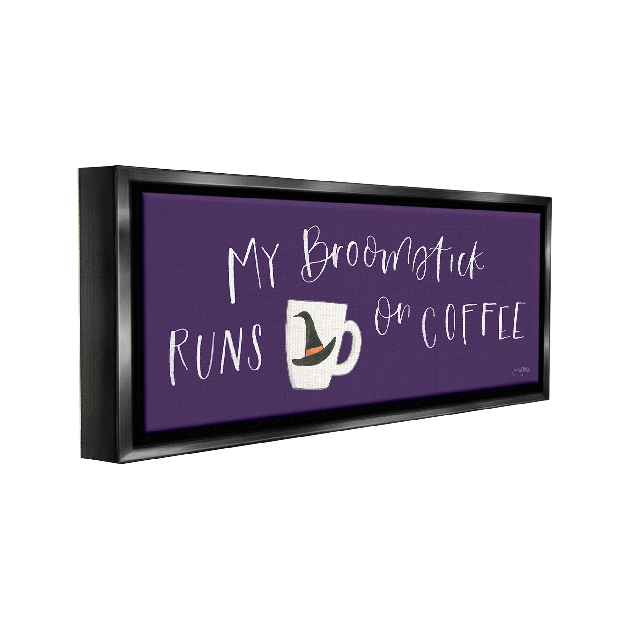 Stupell Industries Broomstick Runs On Coffee Holiday Painting Black Floater Framed Canvas Art Print Wall Art, 25 x 11
