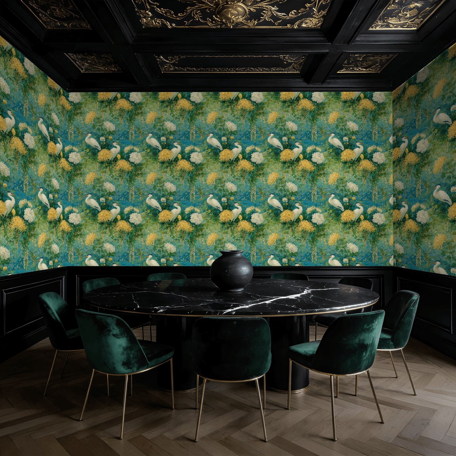 Boho Peel and Stick Wallpaper White Cranes Golden Chrysanthemums Teal Garden Wall Mural 17.7in x 9.8ft Self Adhesive Removable Wall Paper Renter Friendly Wallpaper for Bedroom Kitchen Farm