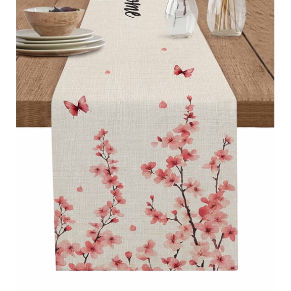 Cherry Blossoms Table Runner Cotton Linen 90 Inch Holiday Dresser Scarves, Spring Farmhouse Botanical Flowers Tablerunner for Kitchen Coffee Dining Bedroom Living Room Dinner Scarf Décor 13''x90''