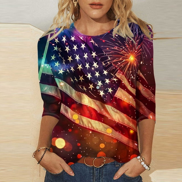 Baikeli Liquidation pour Femmes T-Shirt à Col Rond Imprimé Mode Fête de l'Indépendance Manches 3/4 Haut T-Shirt pour Femmes Hauts d'Été pour Femmes 2024