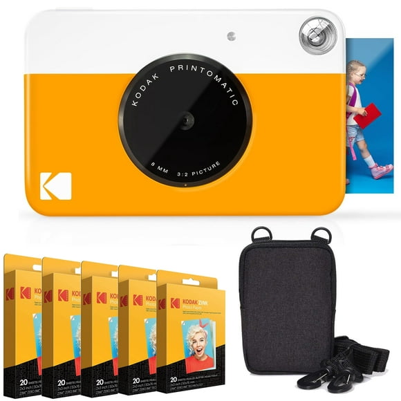 Kodak Printomatic Instant Camera Bundle with Zink Photo Paper 100-Pack & Case (Yellow)