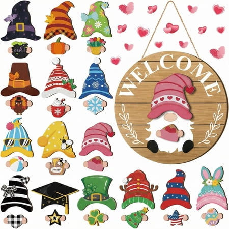 Interchangeable Easter Wooden Gnome Decor Holiday Seasonal Gnome Decorations with Magnet Pieces and Detachable Hats Changeable Welcome Sign for Home Interchangeable Easter Wooden Gnome Decor Holiday Seasonal Gnome Decorations with Magnet Pieces and Detachable Hats Changeable Welcome Sign for Home