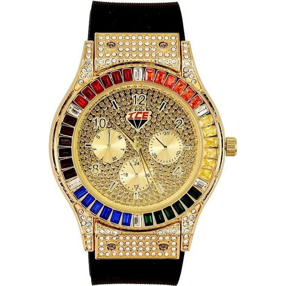 Charles Raymond Iced Out Mens Color on Blast Watch Single or Combo Sets with Blinged Out Bracelets Set. Iced Out Colourful Rainbow Flame Collection (ST10380 GLD)