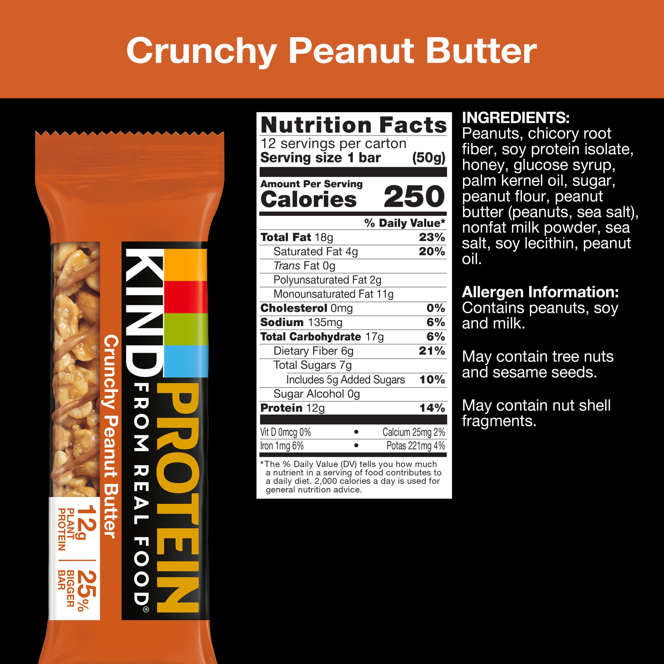 KIND Bars, Crunchy Peanut Butter Protein Bar, Gluten free, 1.76 oz, 12 Snack Bars