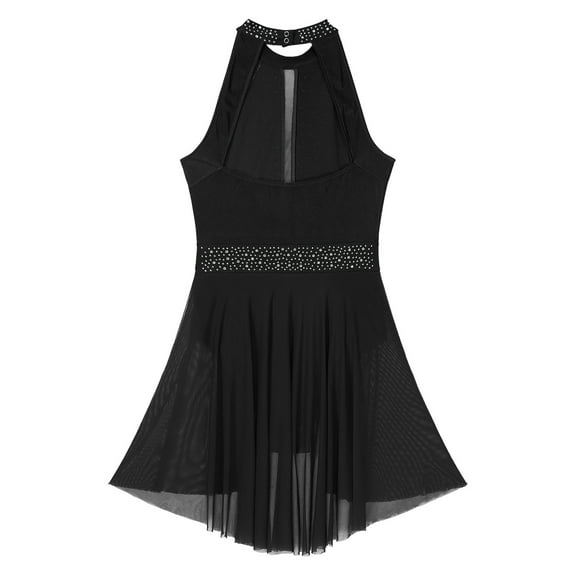 Raenseen Women's Rhinestone Modern Dance Dress Halter Mesh Ballet Leotards Lyrical Dance Costume Black S