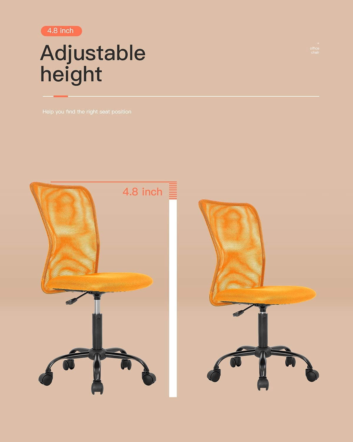 Armless Office Chair Ergonomic Desk Chair Computer Chair Mesh Home Desk Chair with Adjustable Lumbar, Rolling Swivel Office Chair Mid-Back Task Chair for Adults (Orange)