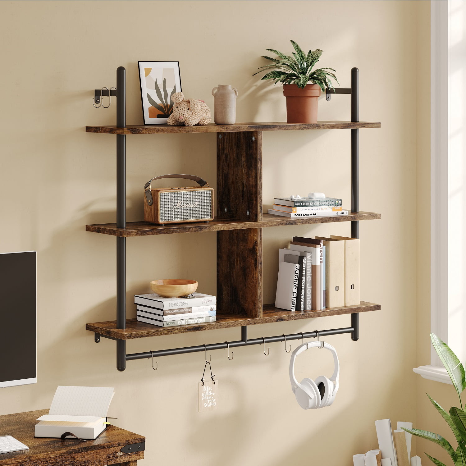 Bestier LED Kitchen Floating Shelves, 34 Industrial Pipe Shelves with  Adjustable Glass Shelves, Wall Mounted Shelf